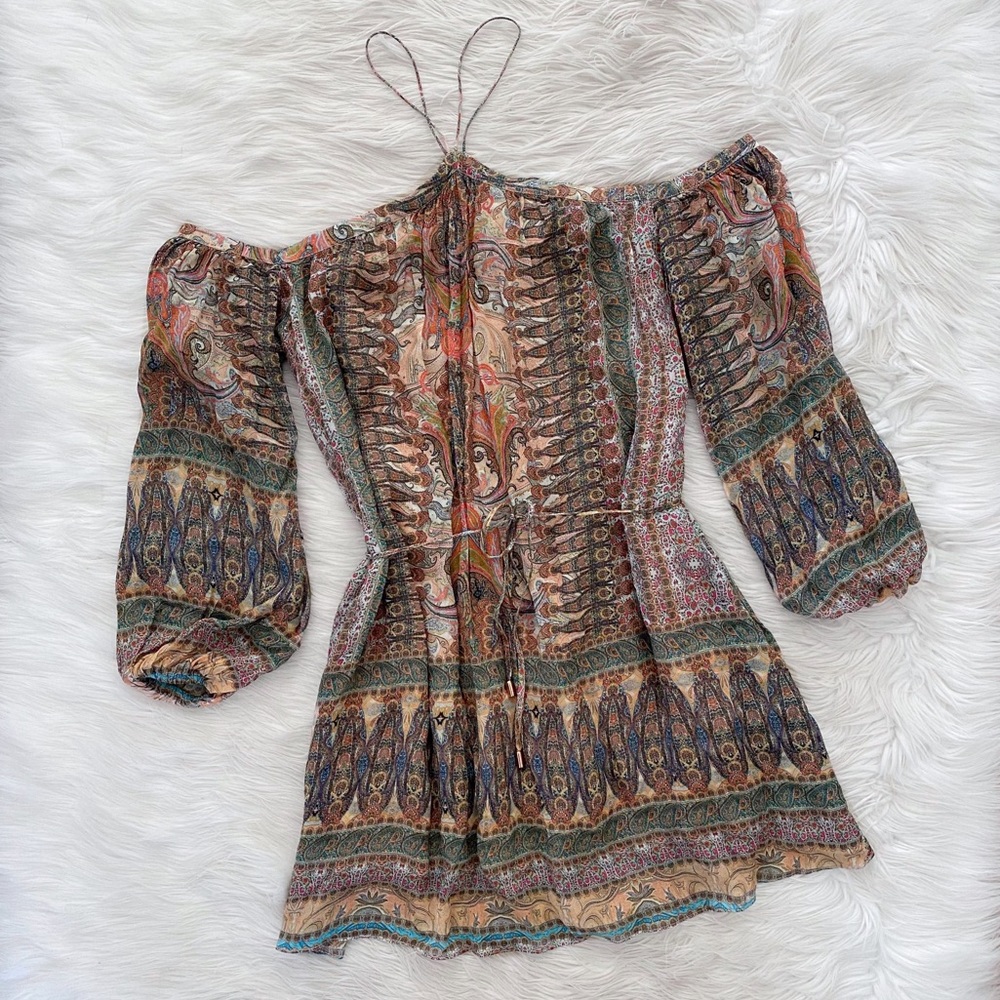 Ministry of Style Tan Paisley Print Off The Shoulder Dress Revolve